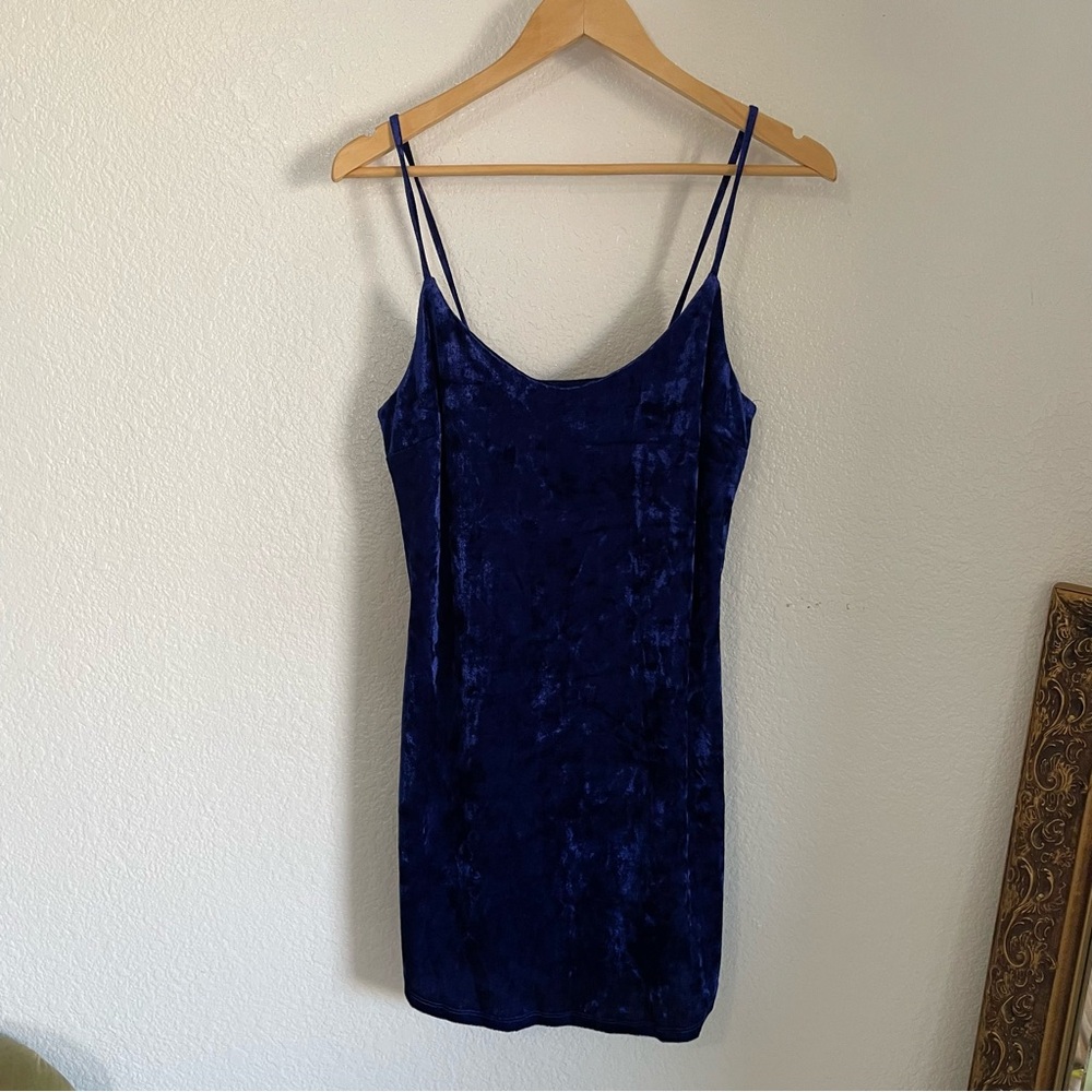 Forever 21 Dark Sapphire Blue Crushed Velvet Mini Dress Skinny Strap Formal M